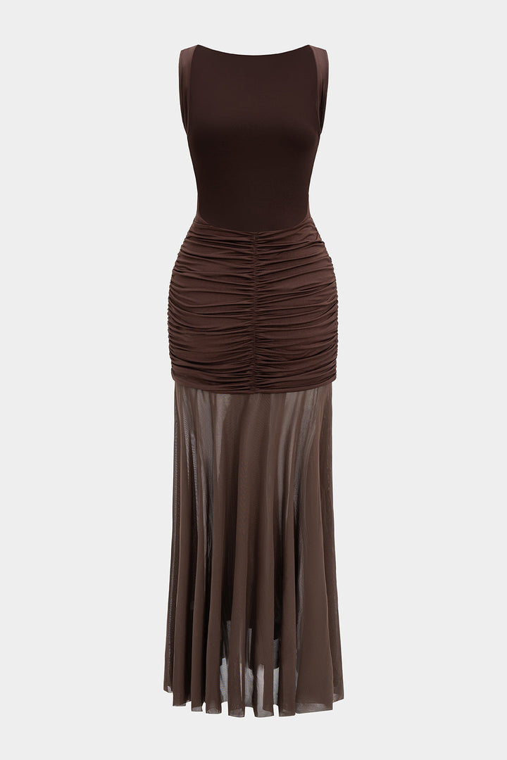 Mesh Metallic Decor Ruched Backless Sleeveless Maxi Dress