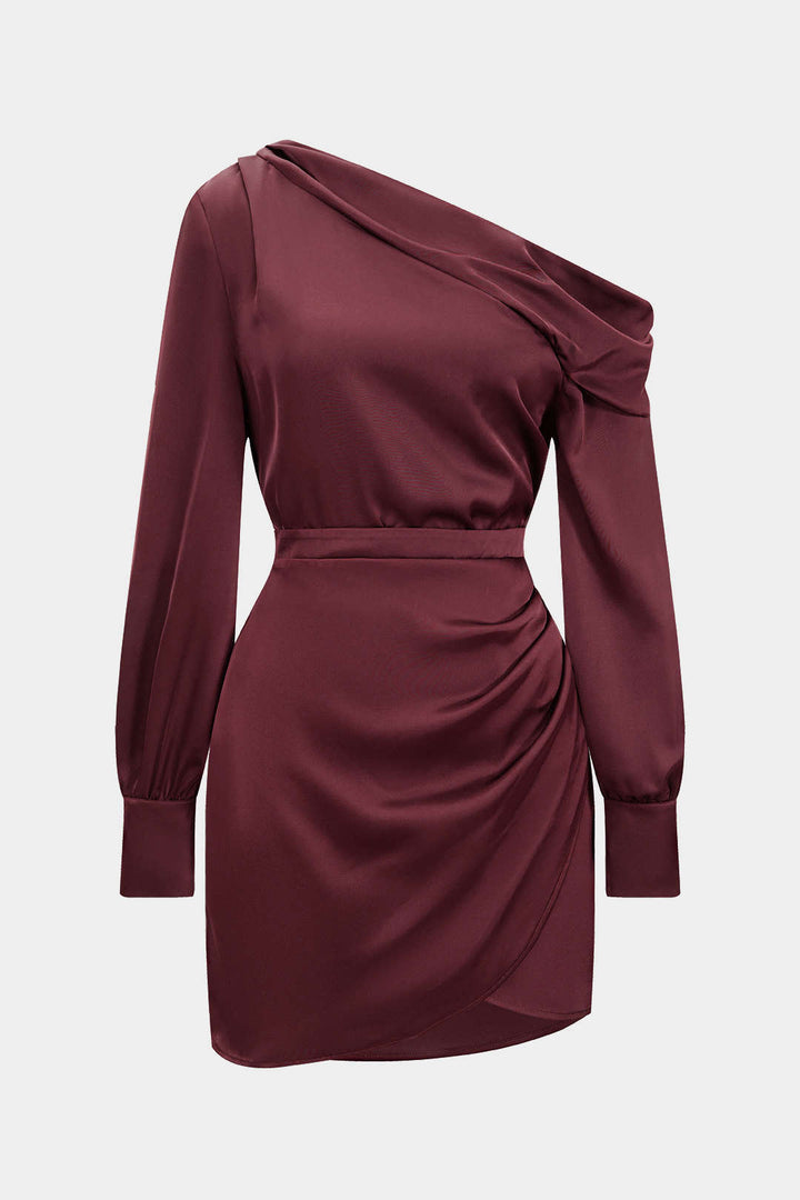 Satin Asymmetrical Neck Long Sleeve Mini Dress