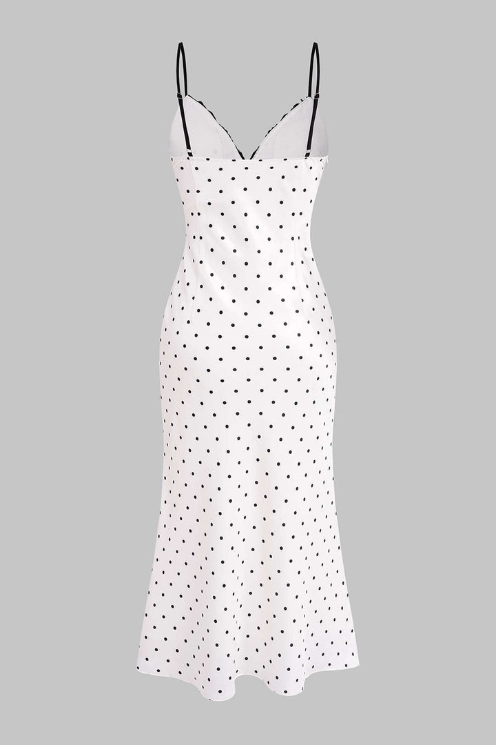 Polka Dots Print Chiffon Patchwork Lace Trim Slip Sleeveless Midi Dress