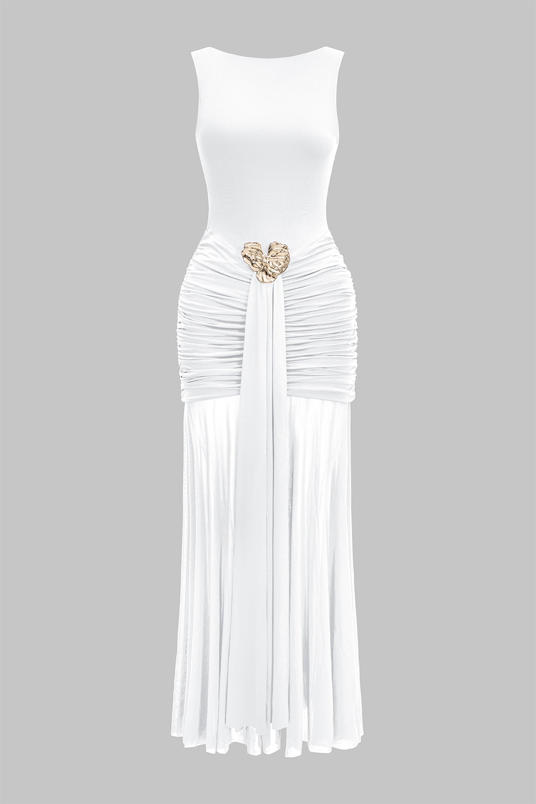 Mesh Metallic Decor Ruched Backless Sleeveless Maxi Dress