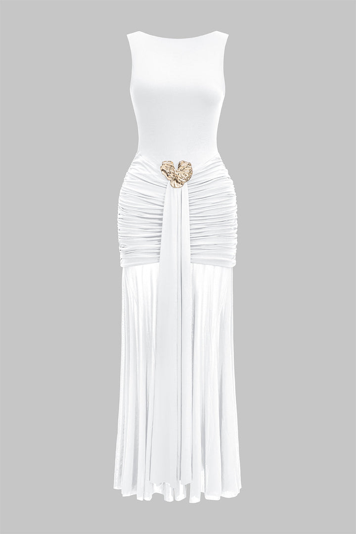 Mesh Metallic Decor Ruched Backless Sleeveless Maxi Dress