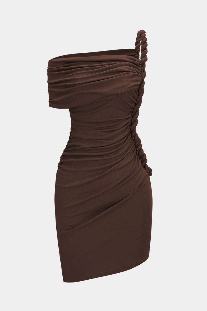 Ruched Twist Knot One Shoulder Short Sleeve Mini Dress