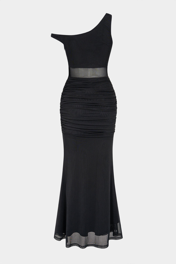 Patchwork Mesh One Shoulder Ruched Sleeveless Maxi Dress