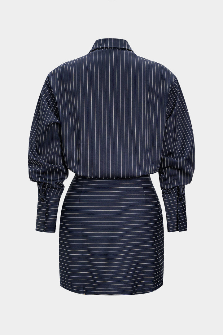 Stripes Print Pleated Ruched Shoulder Pads Long Sleeve Mini Dress