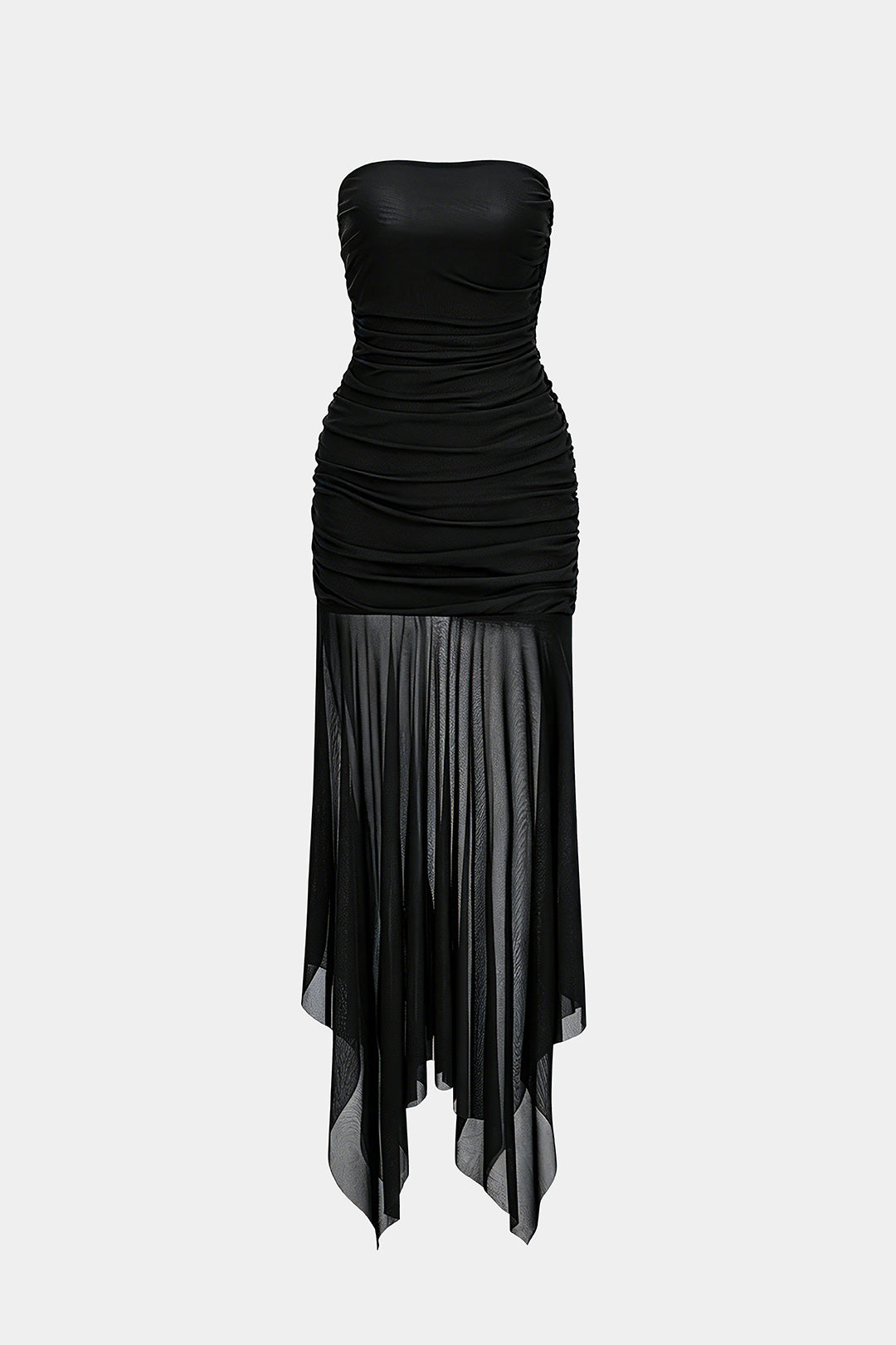 Mesh Strapless Irregular Hem Midi Dress