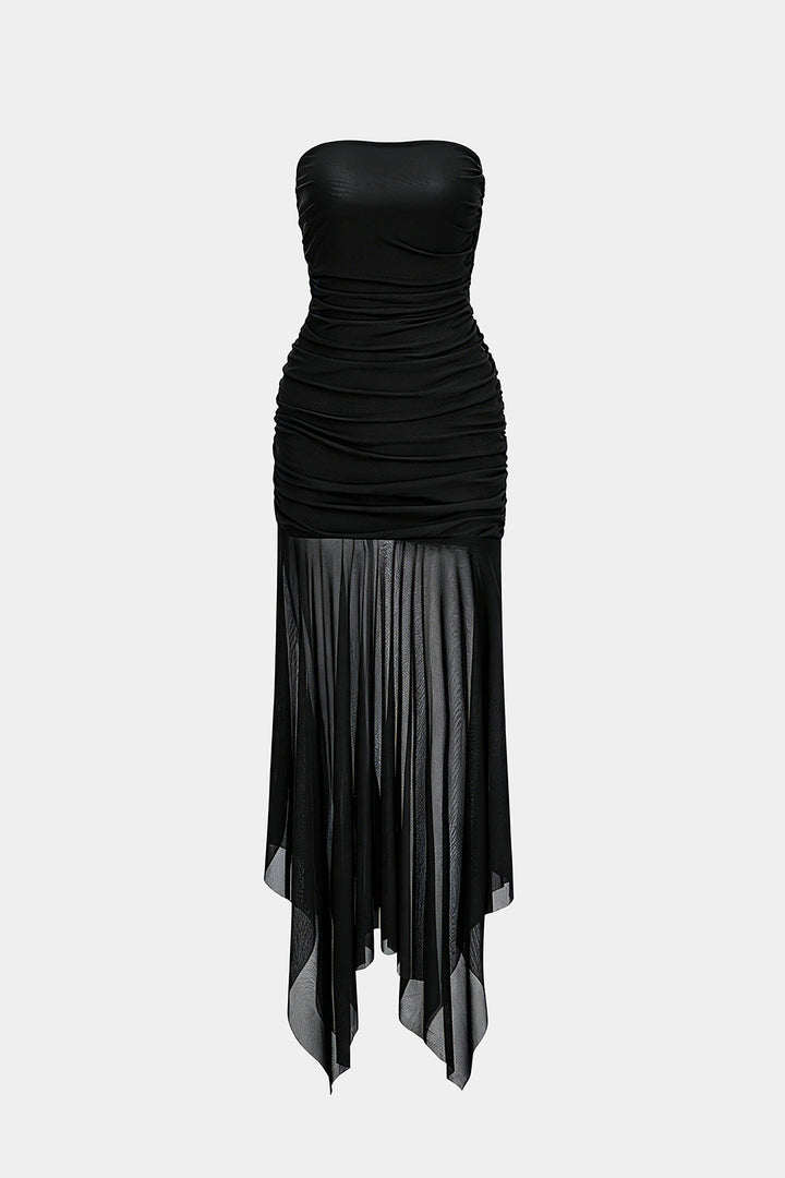 Mesh Strapless Irregular Hem Midi Dress