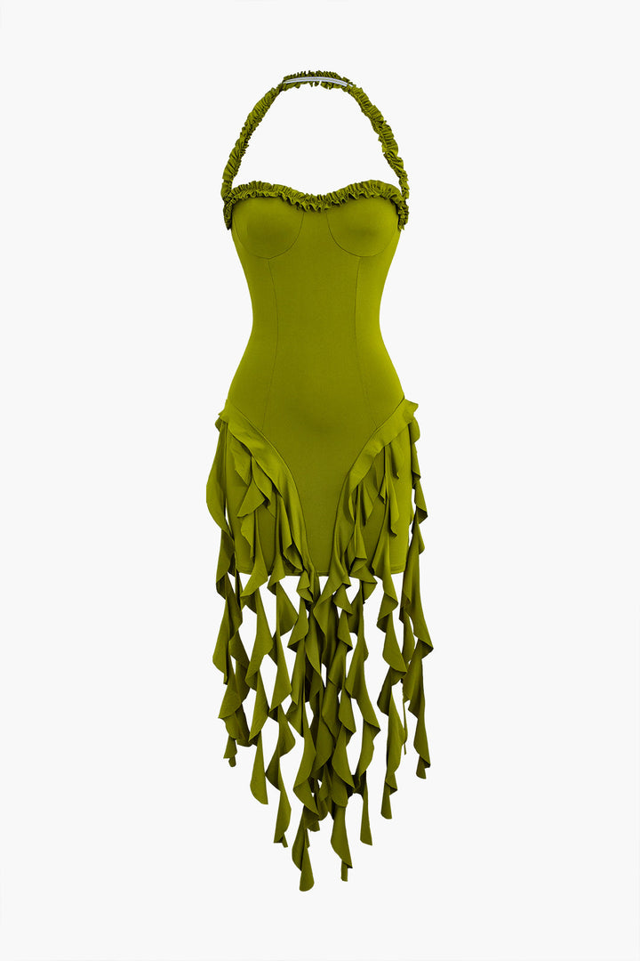 Ruched Tassel Halter Bustier Mini Dress