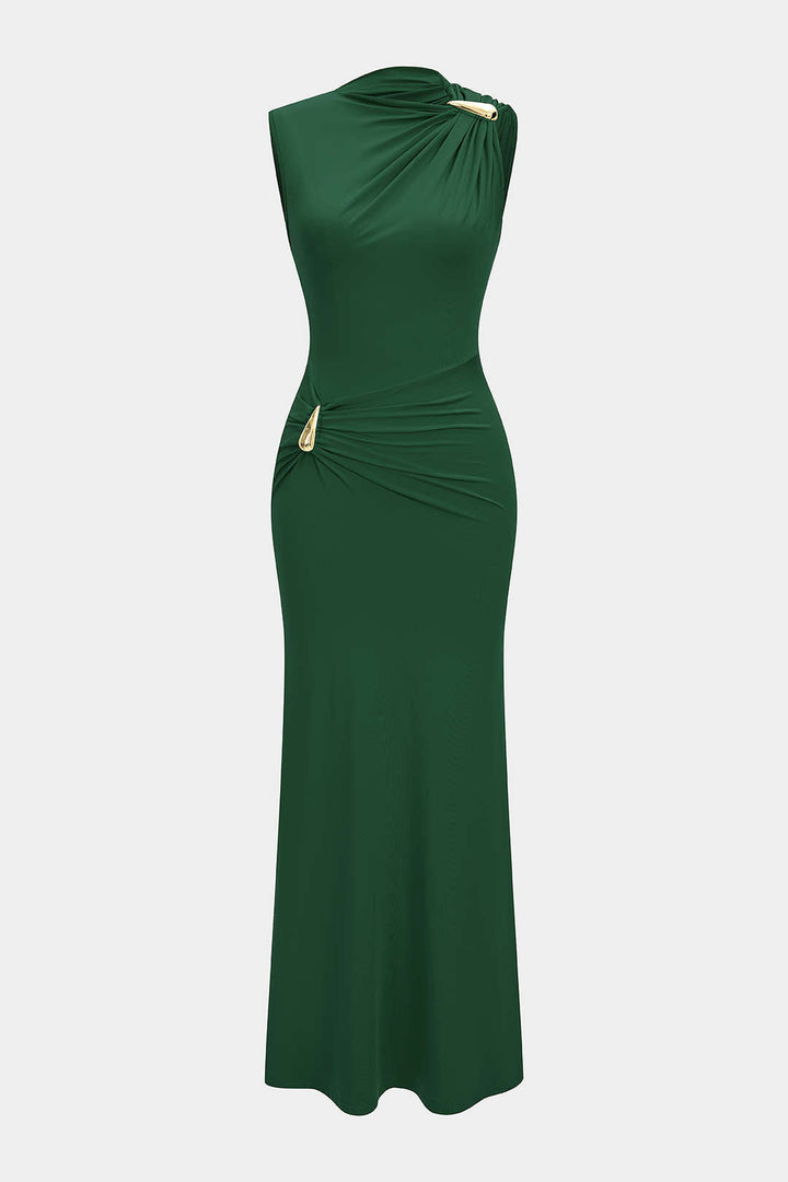 Metallic Decor Ruched Sleeveless Maxi Dress