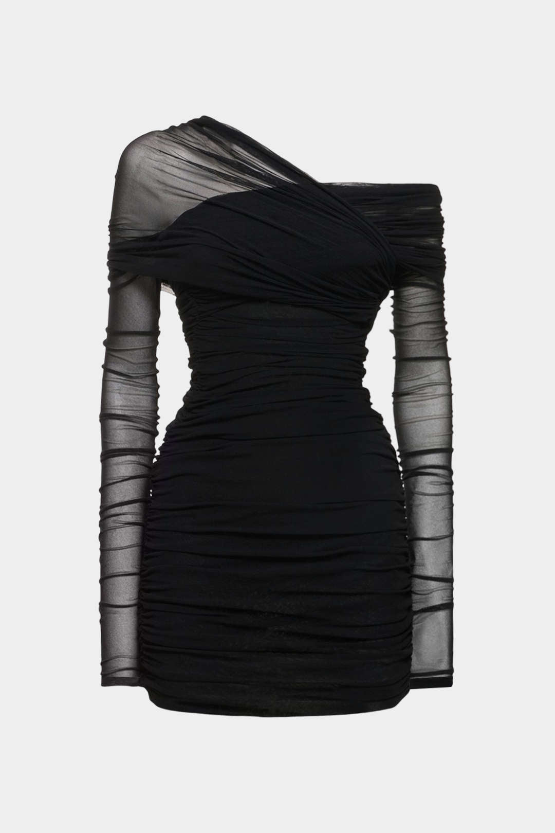 Sheer Mesh One Shoulder Long Sleeve Ruched Mini Dress