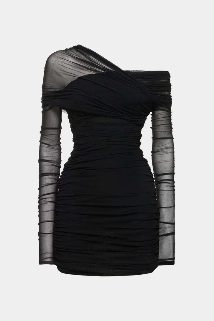 Sheer Mesh One Shoulder Long Sleeve Ruched Mini Dress