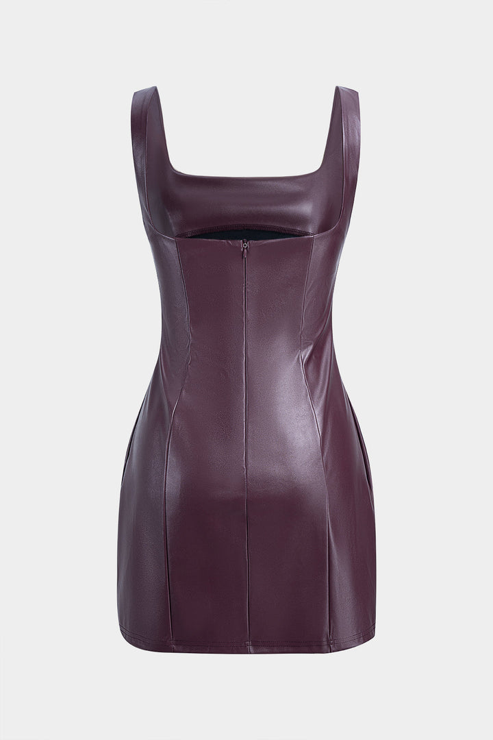 Faux Leather Square Neck Slip Sleeveless Mini Dress