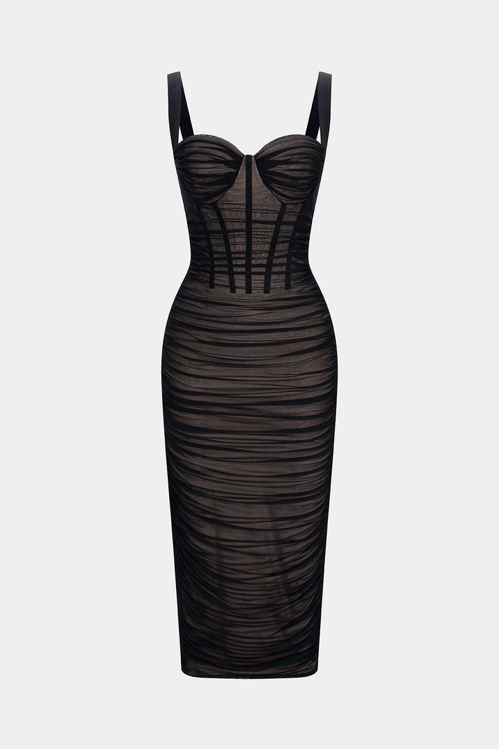 Sheer Mesh Ruched Bustier Slip Sleeveless Midi Dress