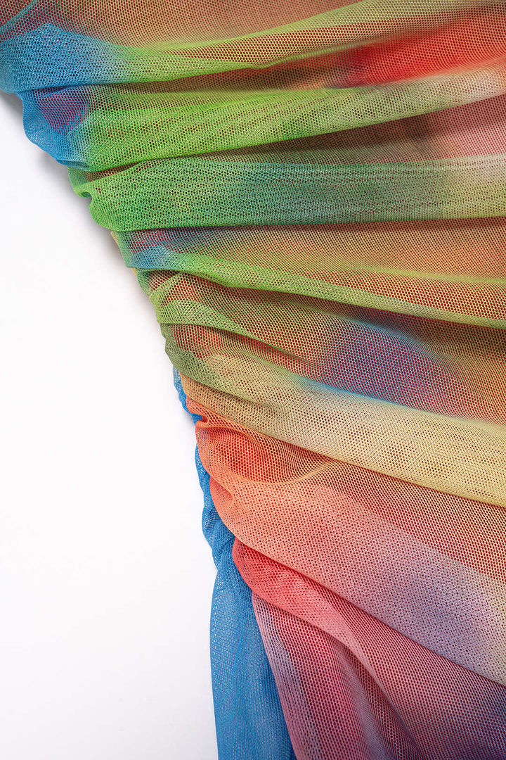 Multicolor Abstract Print Mesh Patchwork Lace Trim Asymmetrical Ruched Sleeveless Maxi Dress