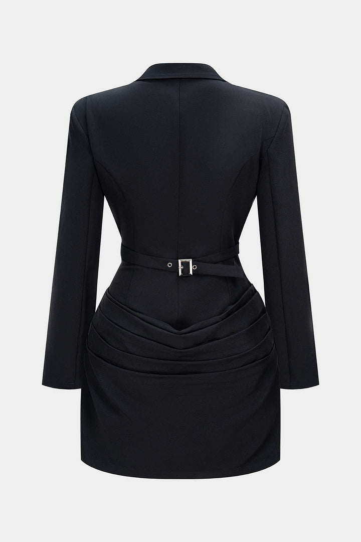 Deep V-Neck Waist-Cinching Ruched Long Sleeve Mini Dress