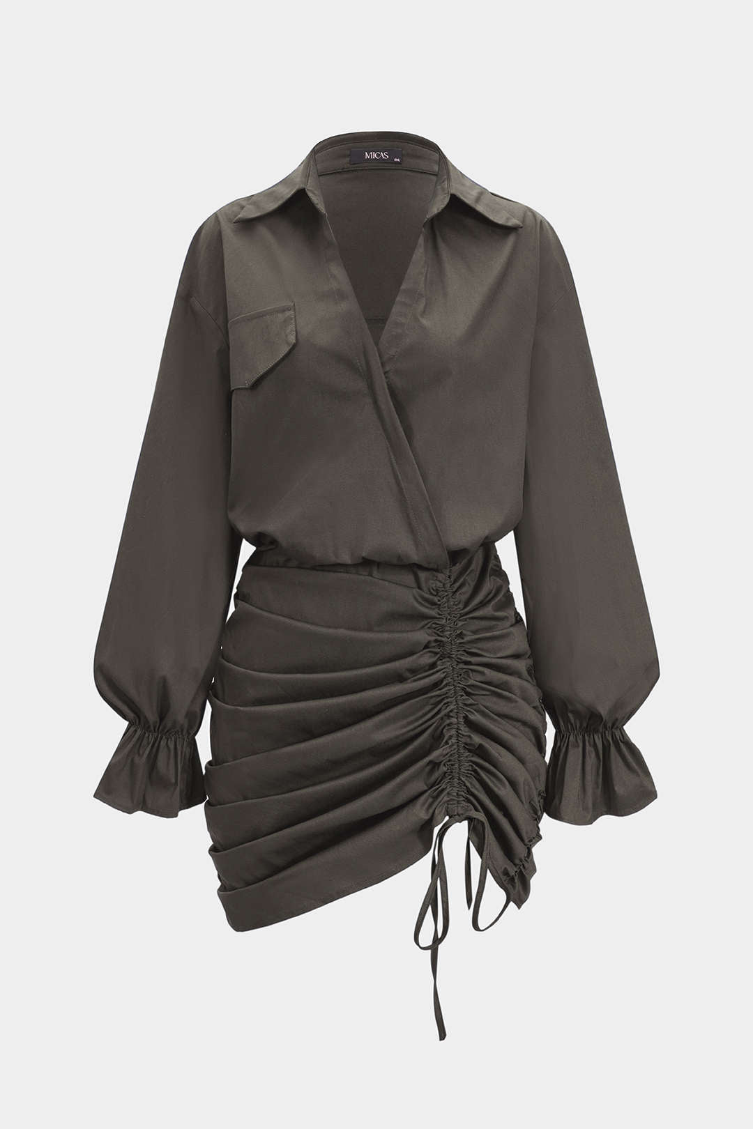 Ruched V-Neck Drawstring Ruffle Long Sleeve Mini Dress