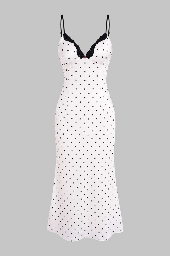 Polka Dots Print Chiffon Patchwork Lace Trim Slip Sleeveless Midi Dress