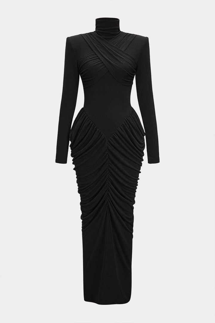 Mock Neck Shoulder Pads Crossed Ruched Backless Long-Sleeve Maxi Dress