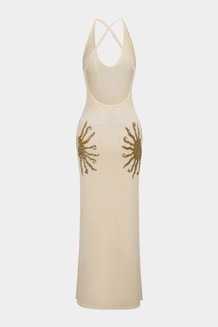 Open Knit Sequin Crossed Backless Sleeveless Maxi Dress