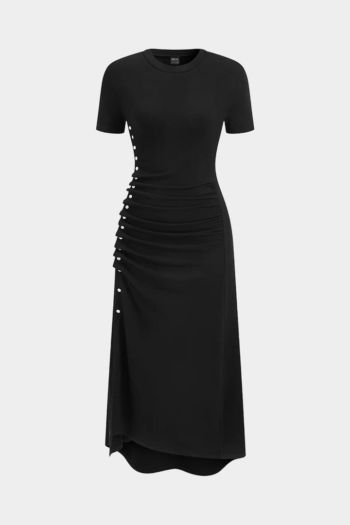Round Neck Button Ruched Short Sleeve Maxi Dress