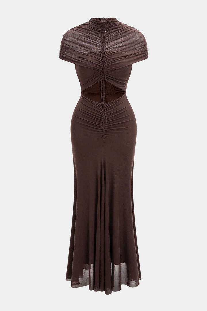 Mesh Ruched Cut Out Short Sleeve Maxi Dress