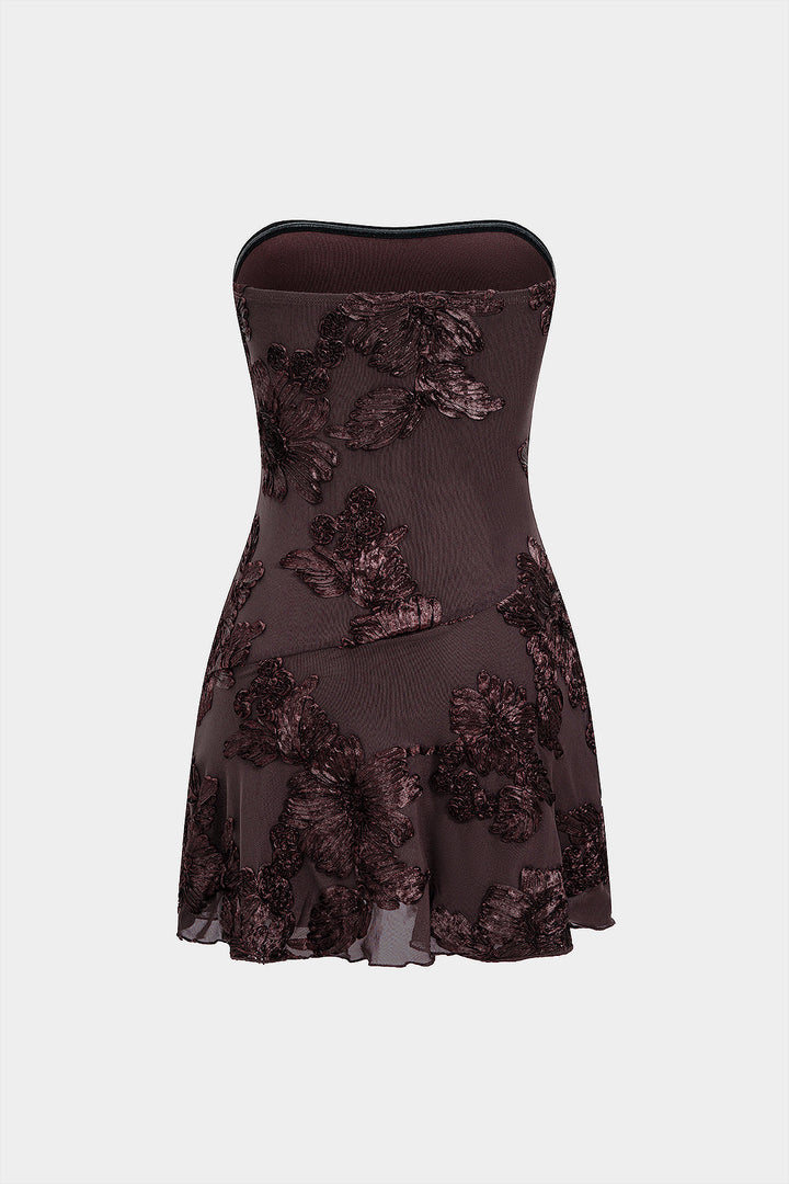 Jacquard Patchwork 3D Floral Strapless Sleeveless Mini Dress