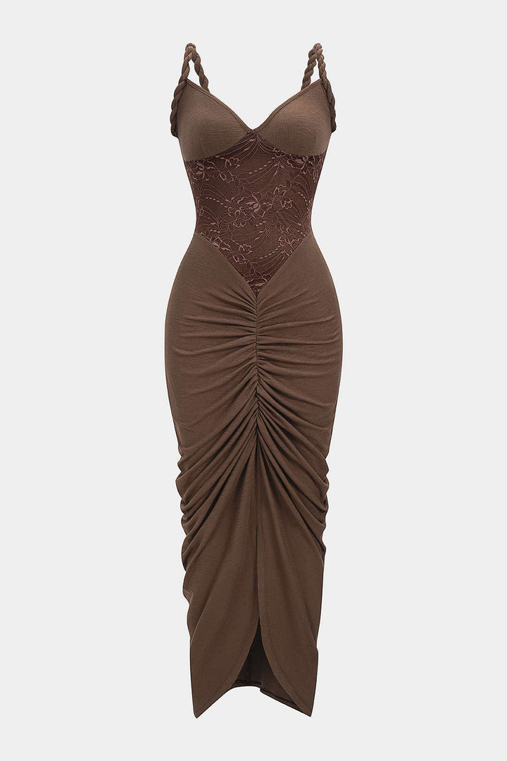 Lace Patchwork Ruched Twist Knot Slip Sleeveless Maxi Dress