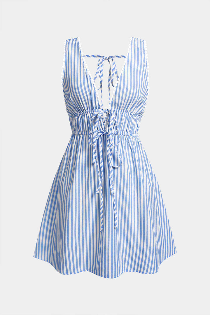 Stripe Print V-Neck Tie-Up Backless Sleeveless Mini Dress