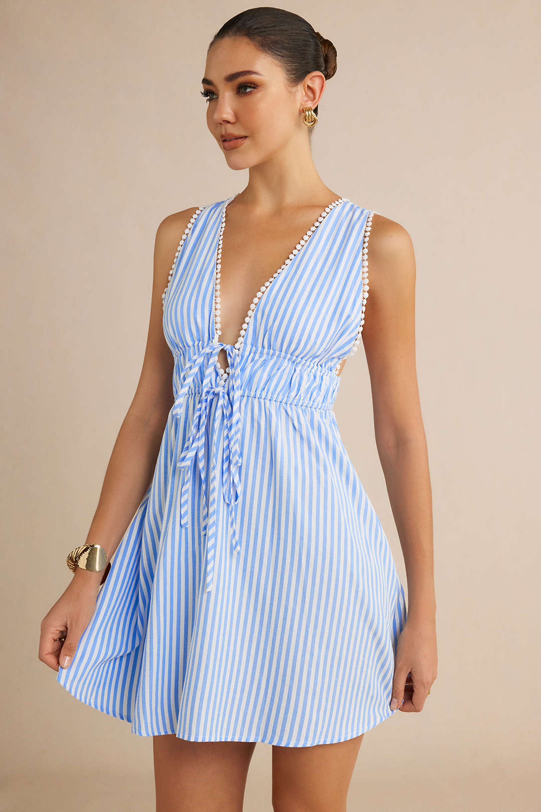Stripe Print V-Neck Tie-Up Backless Sleeveless Mini Dress