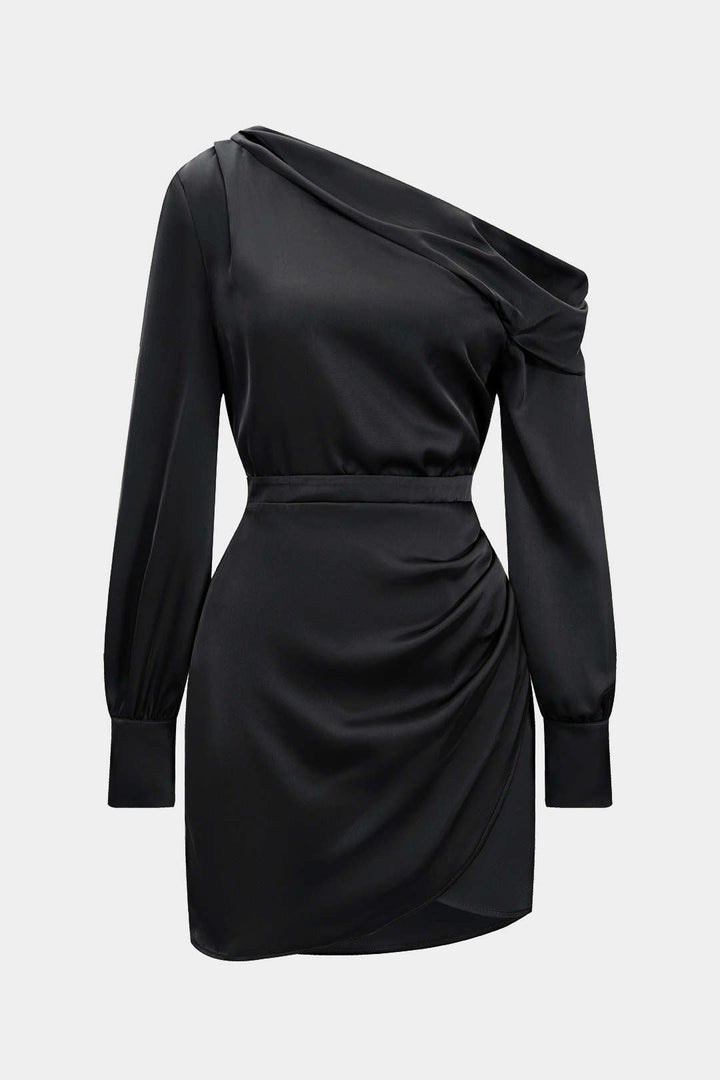 Satin Asymmetrical Neck Long Sleeve Mini Dress