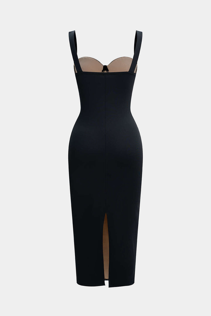 Sheer Mesh Ruched Bustier Slip Sleeveless Midi Dress