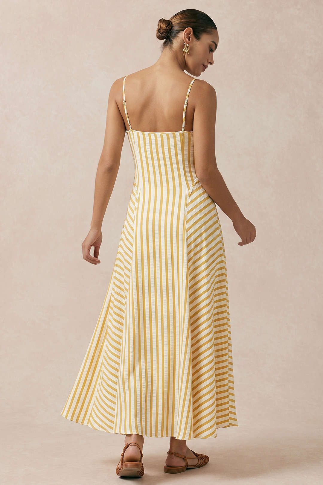 Stripes Print V-Neck Slip Sleeveless Midi Dress