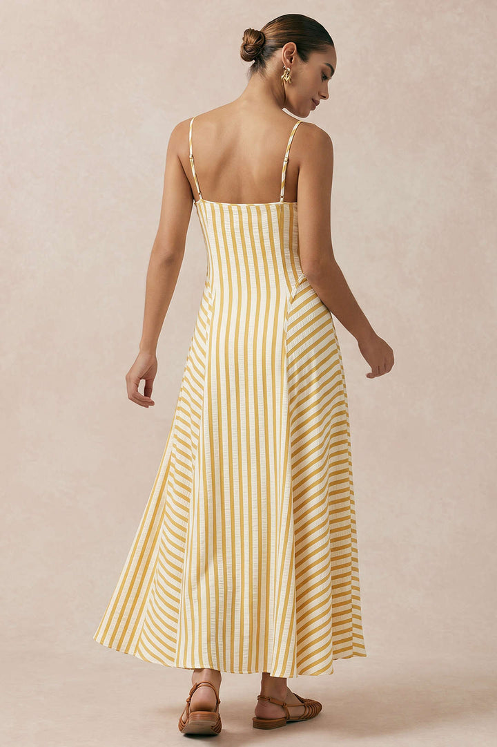 Stripes Print V-Neck Slip Sleeveless Midi Dress