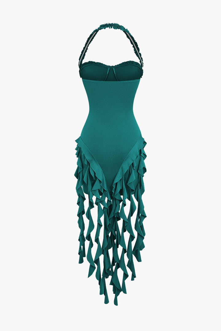 Ruched Tassel Halter Bustier Mini Dress