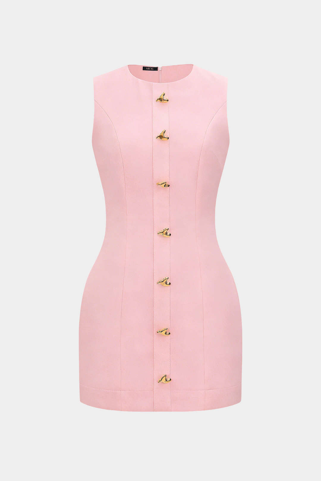 Round Neck Metallic Heart Button Sleeveless Mini Dress