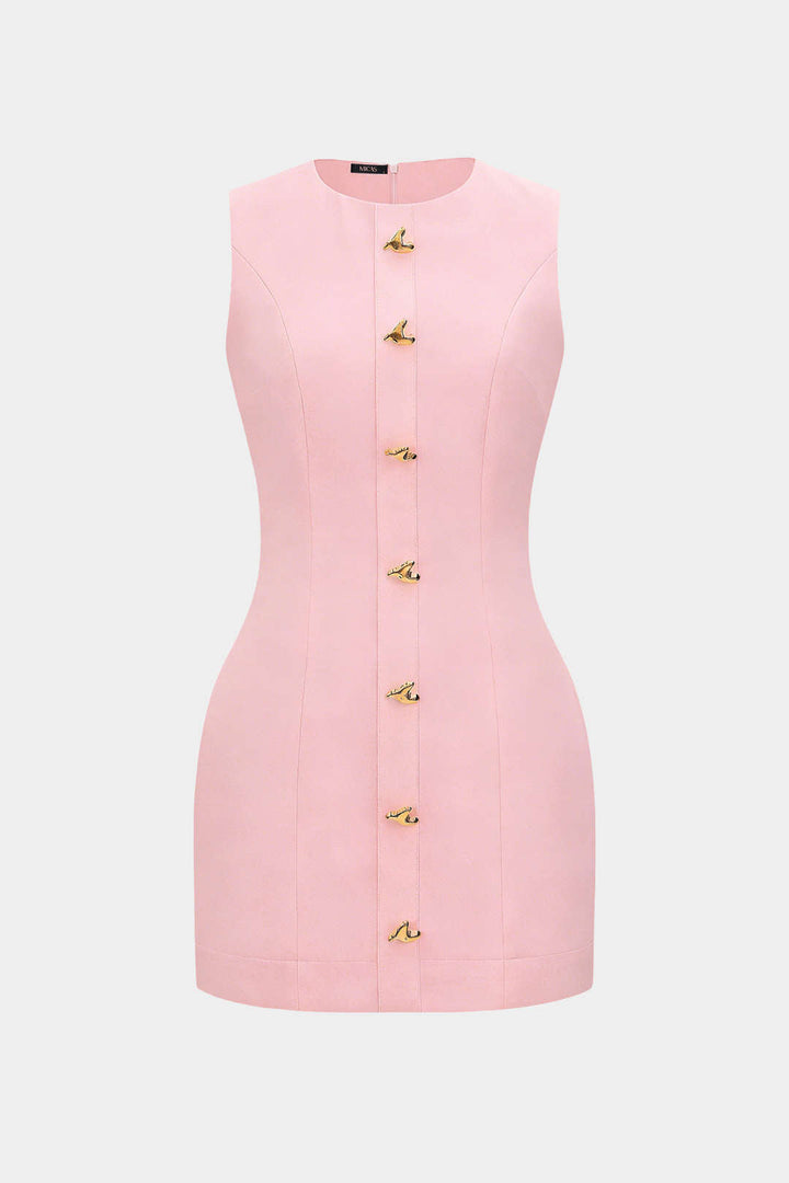 Round Neck Metallic Heart Button Sleeveless Mini Dress