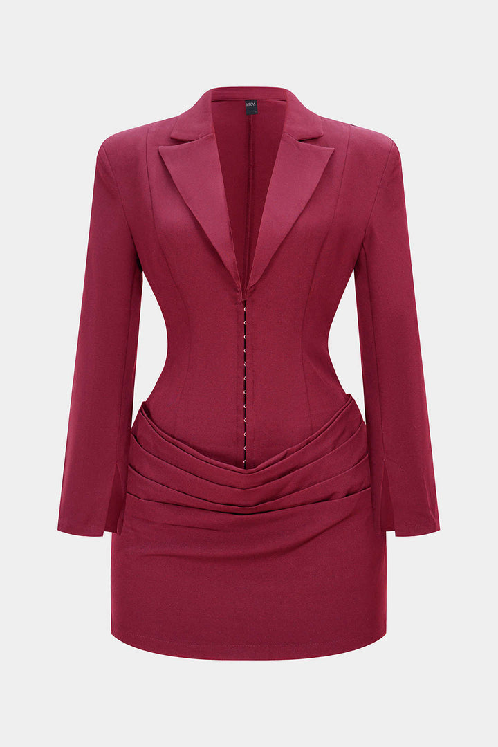 Deep V-Neck Waist-Cinching Ruched Long Sleeve Mini Dress