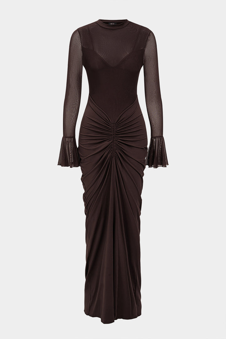 Mesh Patchwork Ruched Bell Long Sleeve Maxi Dress