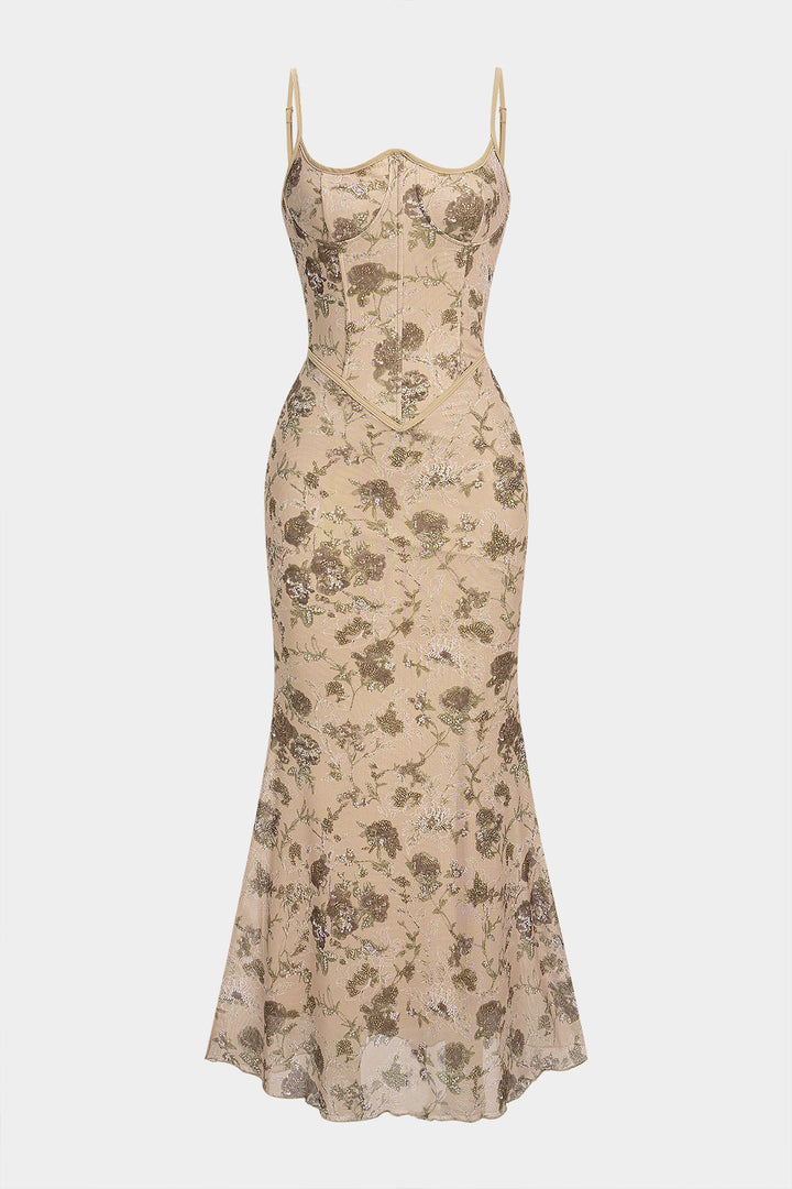 Floral Print Tie Back Corset Backless Sleeveless Maxi Dress