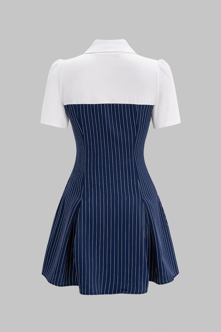 Contrast Stripes Print Button Lapel Patchwork Short Sleeve Mini Dress