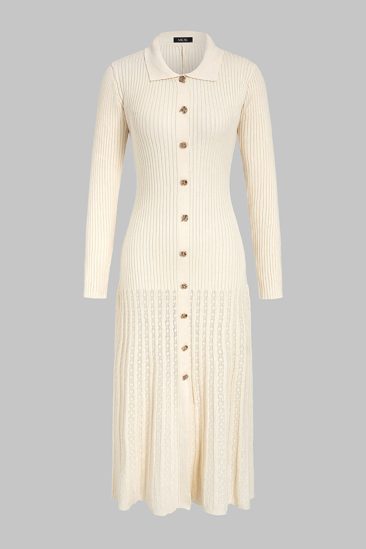 Knit Lapel Metallic Button Ribbed Long Sleeve Maxi Dress