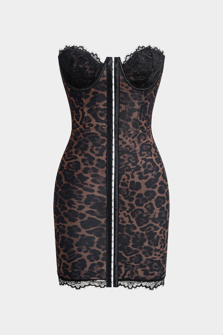 Leopard Print Patchwork Wrap Strapless Sleeveless Mini Dress