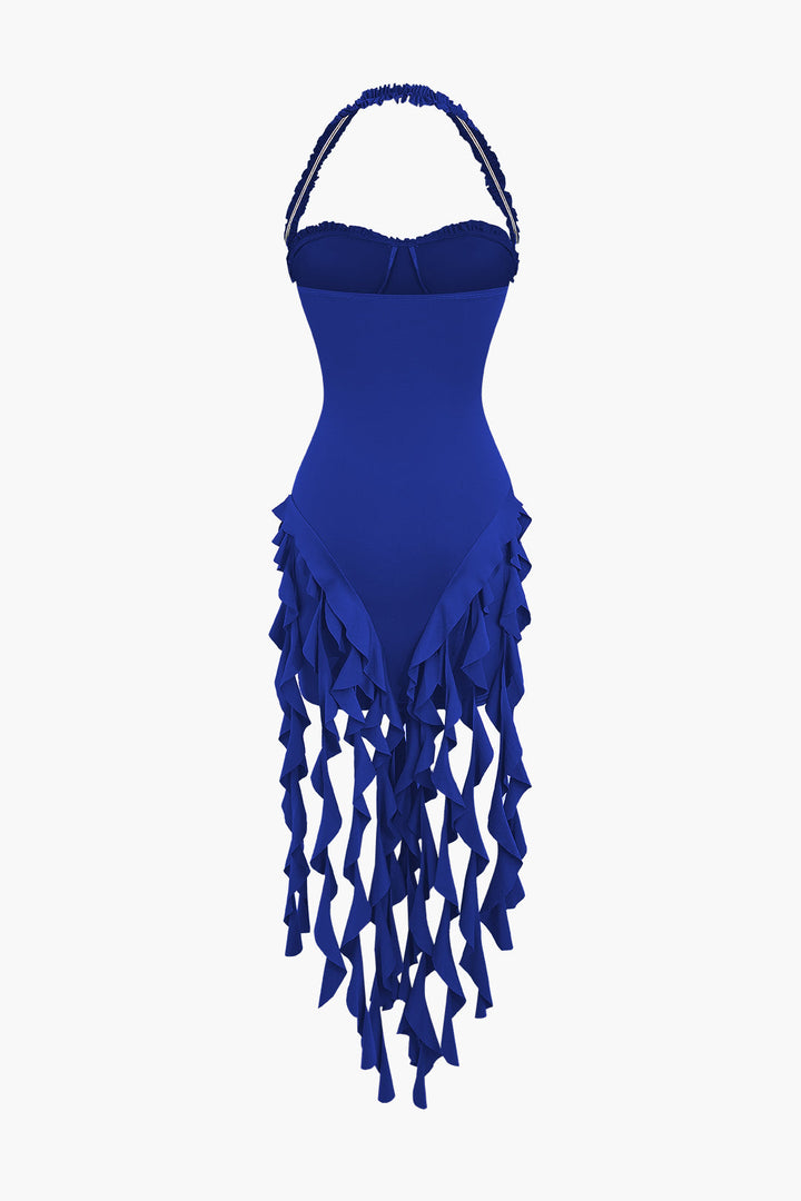 Ruched Tassel Halter Bustier Mini Dress