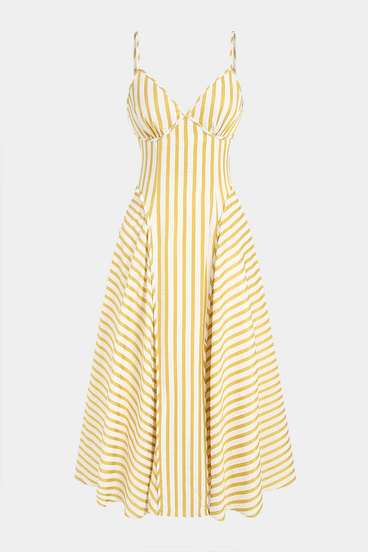 Stripes Print V-Neck Slip Sleeveless Midi Dress