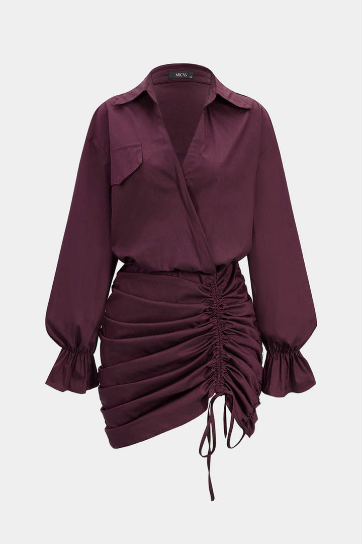 Ruched V-Neck Drawstring Ruffle Long Sleeve Mini Dress