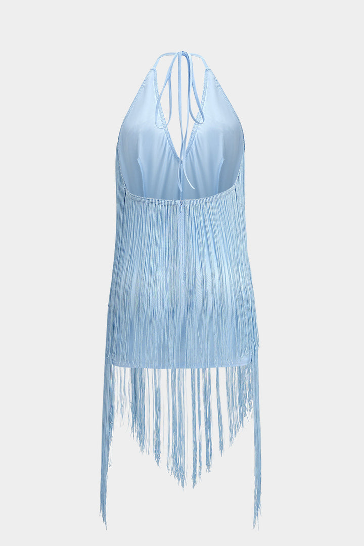 Halter Neck Fringe Tie-Up Backless Sleeveless Mini Dress