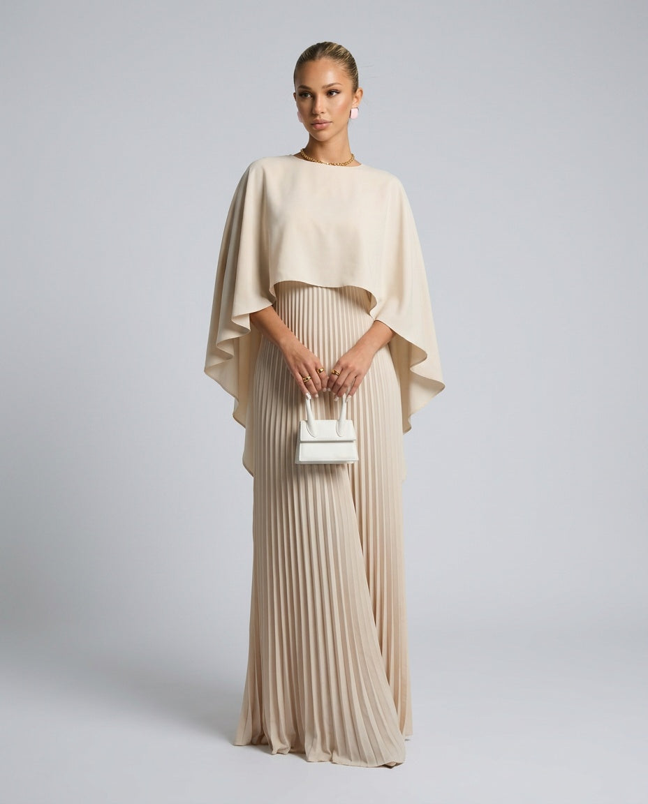 Pleated Cape Overlay Maxi Dress