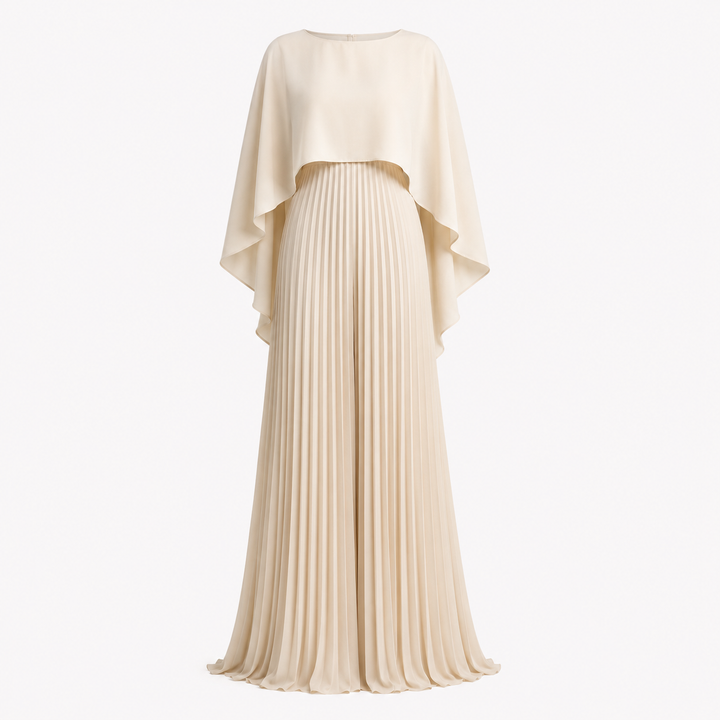Pleated Cape Overlay Maxi Dress