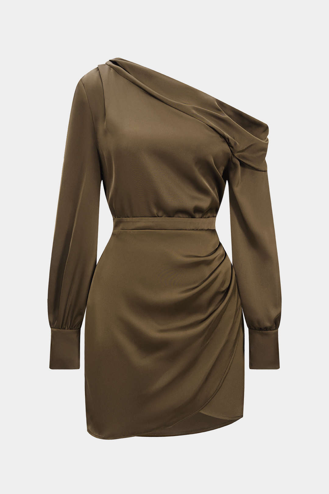 Satin Asymmetrical Neck Long Sleeve Mini Dress