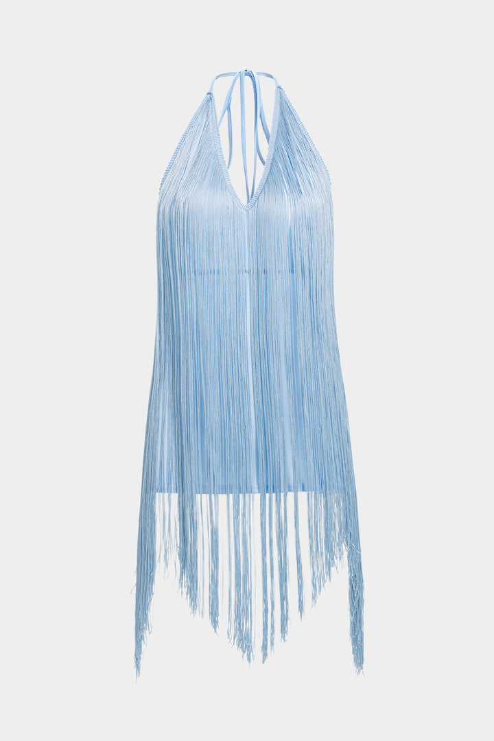 Halter Neck Fringe Tie-Up Backless Sleeveless Mini Dress