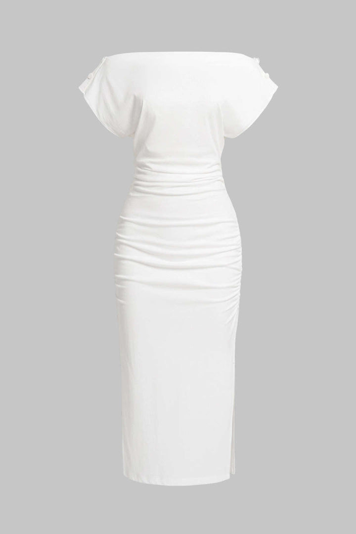 Solid Button Short Sleeve Midi Dress